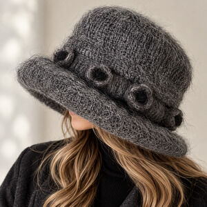Sandra Phillipps England Gray Fuzzy Cloche Hat Sculptural 90s Vintage